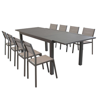 DEXTER - set tavolo giardino rettangolare allungabile 160/240x90 con 8 sedie in alluminio e textilene taupe da esterno Taupe Milani Home