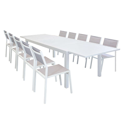 DEXTER - set tavolo giardino rettangolare allungabile 200/300x100 con 10 sedie in alluminio bianco e textilene da esterno Bianco Milani Home