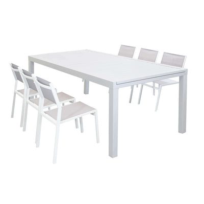 DEXTER - set tavolo giardino rettangolare allungabile 200/300x100 con 6 sedie in alluminio bianco e textilene da esterno Bianco Milani Home