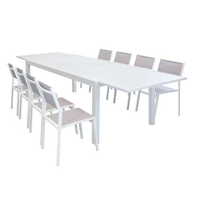 DEXTER - set tavolo giardino rettangolare allungabile 200/300x100 con 8 sedie in alluminio bianco e textilene da esterno Bianco Milani Home