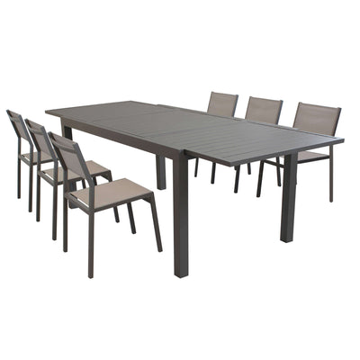 DEXTER - set tavolo giardino rettangolare allungabile 200/300x100 con 6 sedie in alluminio e textilene taupe da esterno Taupe Milani Home