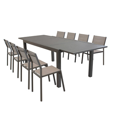 DEXTER - set tavolo giardino rettangolare allungabile 200/300x100 con 8 sedie in alluminio e textilene taupe da esterno Taupe Milani Home