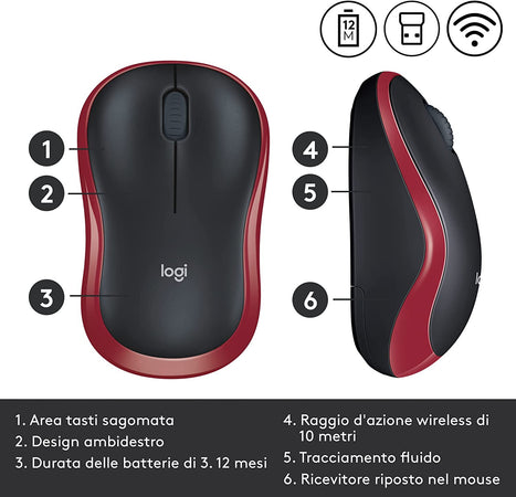Logitech M185 Mouse Wireless Rosso