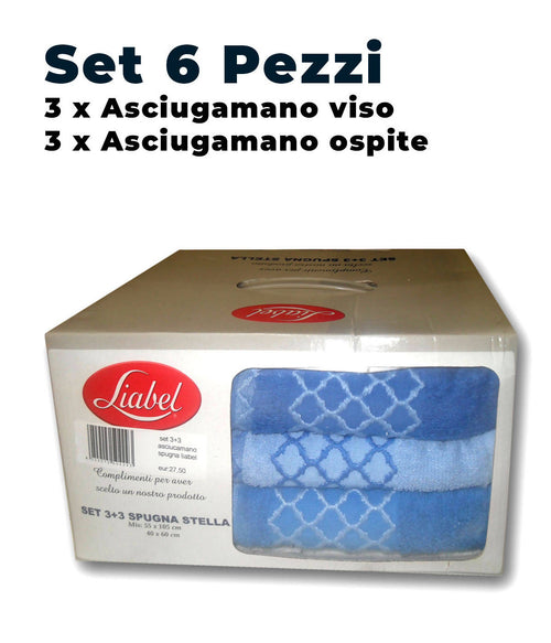 Set asciugamani marca liabel 3+3 mis.55x105 cm misura grande, 40x60 cm misure piccole varianti capri colore blu e azzurro chiaro,laila fuxia e rosa, rosa antico e fuxia tessile L'Orchidea - Siderno, Commerciovirtuoso.it