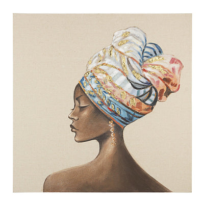 Quadro moderno donna africana con turbante Olio su tela Oro su Beige 80 X 80 cm Village Casa e cucina/Decorazioni per interni/Arte/Poster e stampe Decor Space - Altamura, Commerciovirtuoso.it