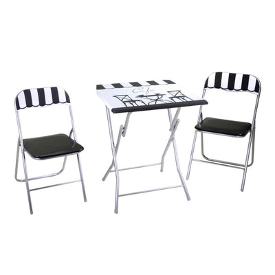 Salottino con tavolo metallo cafe quadrato e due sedie pieghevoli
