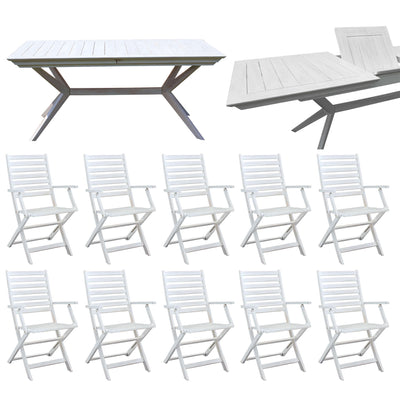 CAESAR - set tavolo da giardino allungabile 180/240x90 compreso di 10 poltrone in legno massiccio di acacia Bianco Milani Home