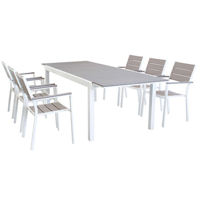 TRIUMPHUS - set tavolo da giardino allungabile 180/240x100 compreso di 6 poltrone in alluminio e polywood Bianco