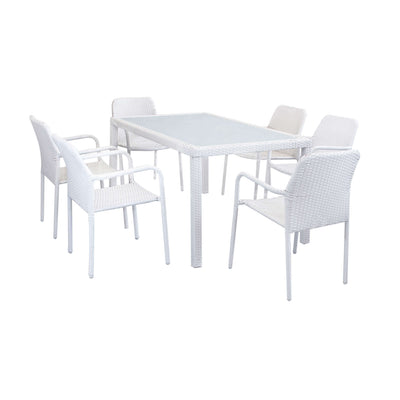 AXONA - set tavolo da giardino con piano in vetro 150x90 compreso di 6 poltrone intreccio in rattan sintetico Bianco Milani Home