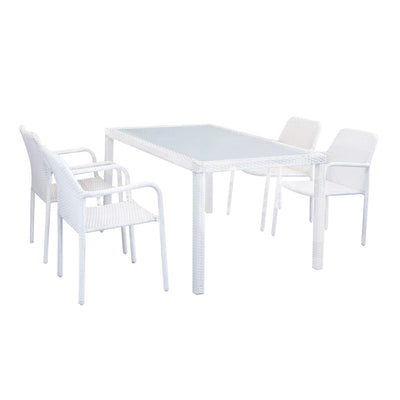 AXONA - set tavolo da giardino con piano in vetro 150x90 compreso di 4 poltrone intreccio in rattan sintetico Bianco Milani Home