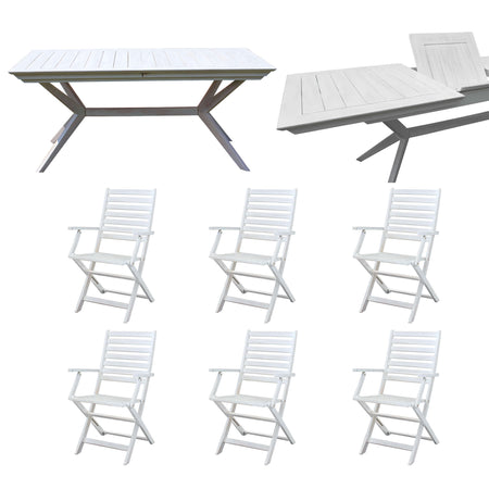 CAESAR - set tavolo da giardino allungabile 150/200x90 compreso di 6 poltrone in legno massiccio di acacia Bianco Milani Home