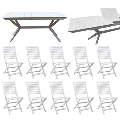 CAESAR - set tavolo da giardino allungabile 180/240x90 compreso di 10 sedie in legno massiccio di acacia Bianco Milani Home
