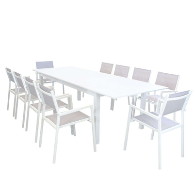 ARGENTUM - set tavolo da giardino allungabile 220/280x100 compreso di 10 poltrone in alluminio Bianco Milani Home