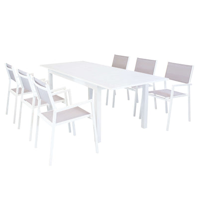 ARGENTUM - set tavolo da giardino allungabile 150/210x90 compreso di 6 poltrone in alluminio Bianco