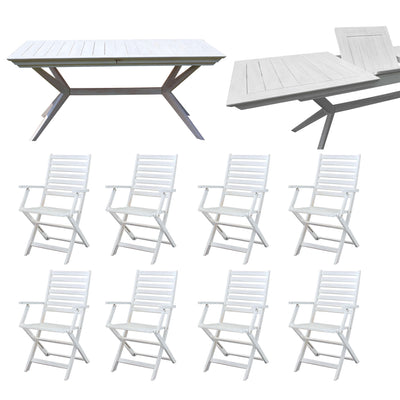 CAESAR - set tavolo da giardino allungabile 180/240x90 compreso di 8 poltrone in legno massiccio di acacia Bianco Milani Home