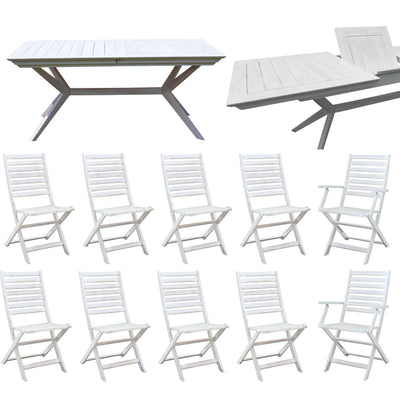 CAESAR - set tavolo da giardino allungabile 180/240x90 compreso di 8 sedie e 2 poltrone in legno massiccio di acacia Bianco