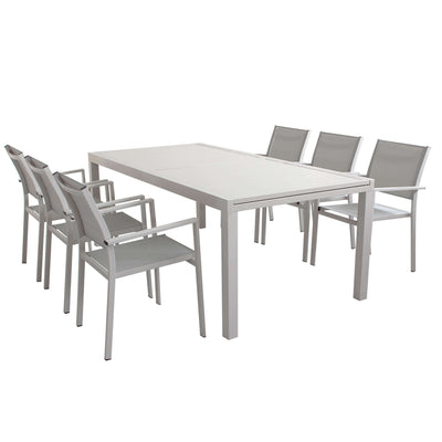 DEXTER - set tavolo da giardino allungabile 200/300x100 compreso di 6 poltrone in alluminio Tortora Milani Home