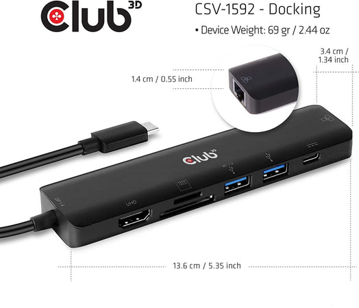 CLUB3D USB Type C 7 in 1 Hub HDMI 4K60Hz + SDTF Card Slot + 2x USB Type A + USB Type C PD + RJ45