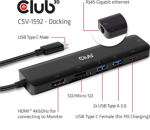 CLUB3D USB Type C 7 in 1 Hub HDMI 4K60Hz + SDTF Card Slot + 2x USB Type A + USB Type C PD + RJ45
