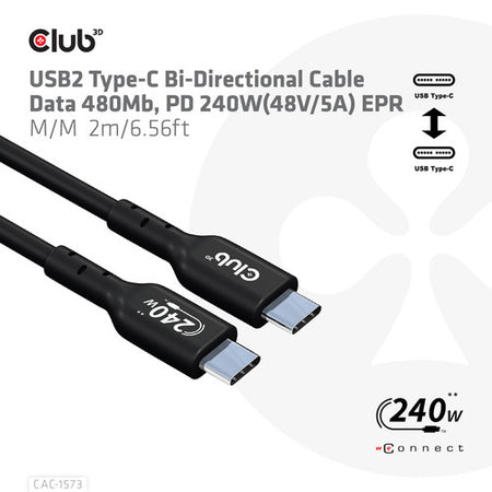 CLUB3D USB 2.0 Type-C Bi-Directional Cable Data 480Mb Pd 240W(48V/5A) EPR 2m
