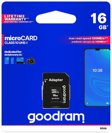 microSD 16GB CARD class 10 UHS I + adapter - retail blister Goodram