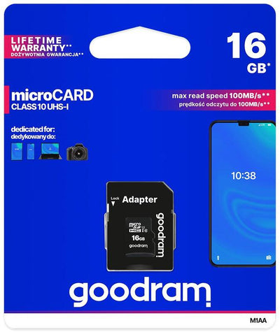 microSD 16GB CARD class 10 UHS I + adapter - retail blister Goodram