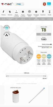 V-TAC PRO VT-122 SMD TUBO LED NANO PLASTIC T8 G13 16.5W LAMPADINA 120CM CHIP SAMSUNG CON DRIVER - SKU 21688 / 21672 / 21673 Illuminazione/Lampadine/Lampadine a LED Zencoccostore - Formia, Commerciovirtuoso.it