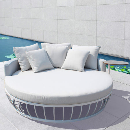 CLARUS - divano letto da giardino in alluminio e textilene con tavolino completo di cuscini Bianco Milani Home