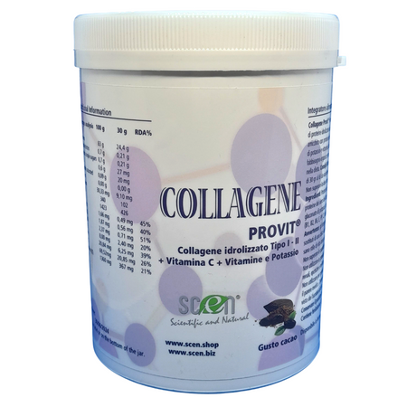 Scen Collagene Provit - Collagene idrolizzato tipo I e II ad altissima concentrazione (24 gr. per dose) arricchito con proteine del siero del latte, potassio, vitamine B1, B2, B6, E, PP, C