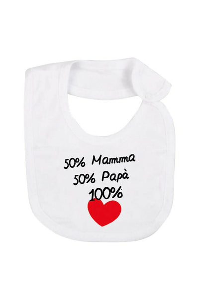 BabyVip Bavetta in cotone con stampa amore di mamma e papà o 50% mamma 50% papà 100% love divertente, funny, colorato, simpatico