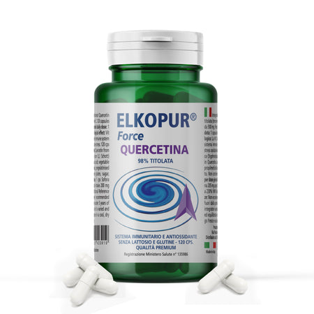 Elkopur Force Quercetina pura, 120 capsule da 500 mg. con 200 mg. di Quercetina titolata 98% in Quercetina, Vegetarian e Vegan ok, Rinforza il sistema immunitario, Antiossidante, prodotto in Italia