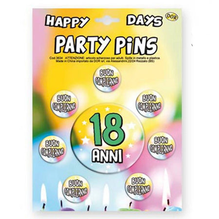 Set Spille compleanno 18 anni "Party Pins" 18 Anni Compleanno 7 spille per invitati + spilla grande per festeggiato Casa e cucina/Hobby creativi/Materiali per hobby creativi/Forniture per feste/Assortimenti per feste Kondorama - Martinsicuro, Commerciovirtuoso.it