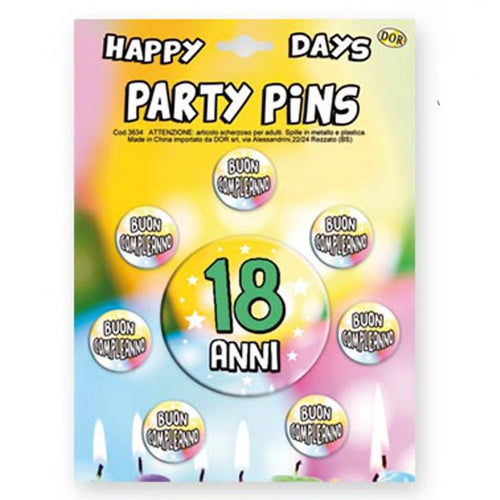Set Spille compleanno 18 anni Party Pins 18 Anni Compleanno 7 spille per invitati + spilla grande per festeggiato Casa e cucina/Hobby creativi/Materiali per hobby creativi/Forniture per feste/Assortimenti per feste Kondorama - Martinsicuro, Commerciovirtuoso.it