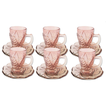 Set 6 Tazzine Da Caffè in Vetro Trasparente Rosa E Decorato in Rilevo Con  Piattino Lorenzon Gift Eleganti E Particolari 
