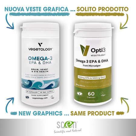 Opti3 Omega3 da alghe vegetali, senza retrogusto, 300mg EPA, 500mg DHA e 200 UI di Vitamina D3, 60 cps,