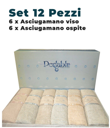 Completo bagno in spugna Perlablu 6 asciugamano viso + 6 ospiti ricamato e rifinito a mano 100% puro cotone Set Bagno L'Orchidea - Siderno, Commerciovirtuoso.it