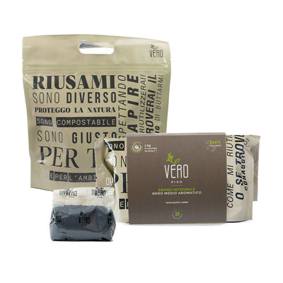 Riso ebano nero integrale ecobag | 2 pacchi da 1 kg (250gr x 4pz) - coltivazione breed feeding per un prodotto più naturale. packaging sviluppato con materiali compostabili riutilizzabili.