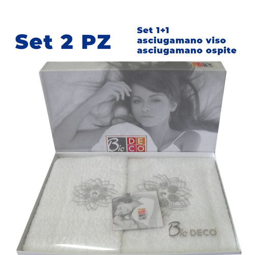 Set 2 pezzi asciugamani bianco in spugna con ricamo 1+1 asciugamano viso e ospite Bic Decò art. diana Set Bagno L'Orchidea - Siderno, Commerciovirtuoso.it