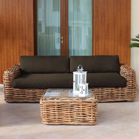 ROSEUS - divano da giardino componibile 3 posti completo di cuscino intreccio in rattan naturale Marrone Milani Home