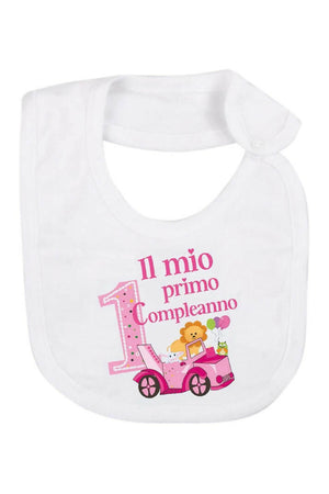 BabyVip Bavetta in cotone con stampa "Il mio primo compleanno" disponibile due colori, rosa - celeste, divertente, funny, colorato, simpatico