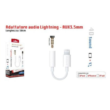 Adattatore Audio Lightning A Jack Aux 3,5mm Per Ipod Iphone Ipad Maxtech Ad-ip01