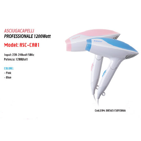 Asciugacapelli Professionale Maxtech Da Viaggio Pieghevole 1200w Capelli Asc-ca01 Bellezza/Cura dei capelli/Strumenti per lo styling/Asciugacapelli e accessori/Asciugacapelli Trade Shop italia - Napoli, Commerciovirtuoso.it