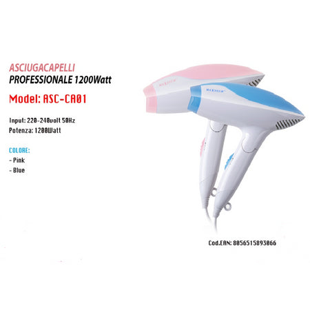 Asciugacapelli Professionale Maxtech Da Viaggio Pieghevole 1200w Capelli Asc-ca01