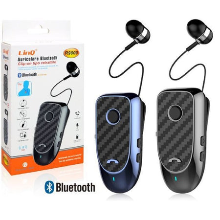 Auricolare Cuffie Stereo Bluetooth Con Clip-on Cavo Retrattile R9000 Microfono