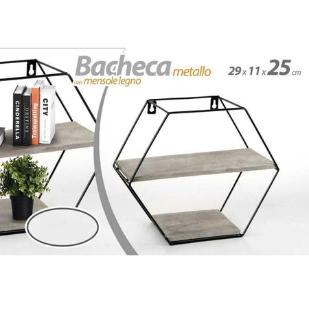 Bacheca Porta Oggetti Metallo Esagonale Parete 2 Mensole Legno 29x11x25cm 751981