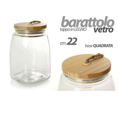 Barattolo 22cm In Vetro Tappo In Legno Ermetico Contenitore Base Quadrata 728358
