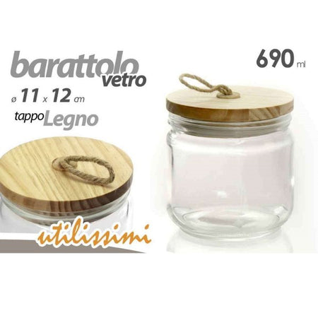 Barattolo Ermetico Tappo Legno In Vetro Contenitore Cucina 690 Ml 11x12cm  731068 