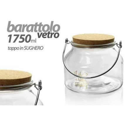 Barattolo In Vetro Manico Metallo Tappo Sughero 1750ml 16x13.9cm Decorato 758263