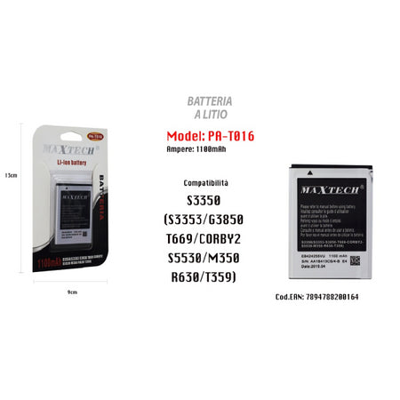 Batteria A Litio 1100mah Per Samsung S3350 Ricambio Smartphone Maxtech Pa-t016
