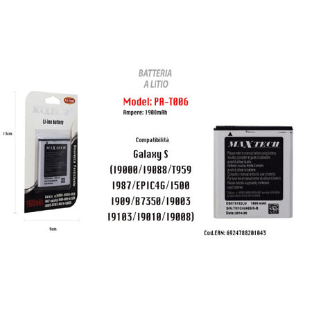 Batteria A Litio 1900mah Compatibile Galaxy S Smartphone Cellulare Maxtech Pa-t006